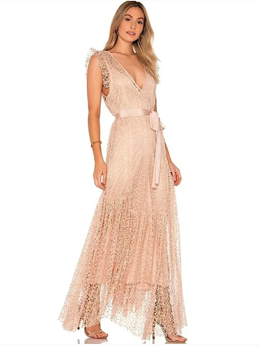 ALICE MCCALL Reflection Lace Maxi Dress Gown Asymmetrical Hem Peach Nude Size 4